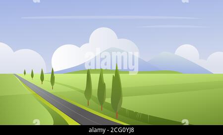 Summer simple rural landscape vector illustration. Cartoon flat summertime panoramic natural farmland with empty asphalt road, leading to horizon, growing trees on roadside, scenic nature background Stock Vector