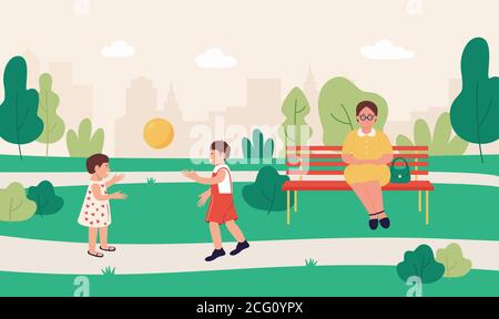 Kids play in summer park vector illustration. Cartoon happy active children playing with ball together, mother sitting on bench in city park. Urban cityscape in summertime, outdoor activity background Stock Vector