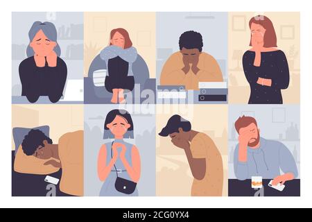 People in depression vector illustration set. Cartoon flat sad depressed man woman characters crying, unhappy lonely stressed persons sitting alone in stress emotion, anxiety or melancholy background Stock Vector