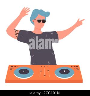 DJ young man with sunglasses on musical party vector illustration. Cartoon flat male dancing DJ character with turntable mixer making contemporary music in night club, spinning disc isolated on white. Stock Vector