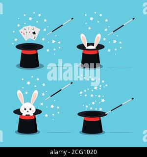 Magician s black hat with sweet white rabbit inside, bunny ears, magic hat with aces four of a kind poker out, magic wand in action and star. Stock Vector