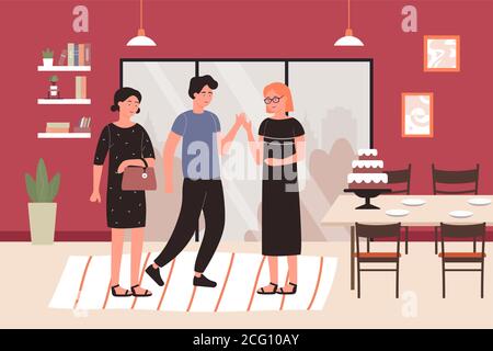 Home party meeting flat vector illustration. Cartoon young people having fun together and meeting, friend characters communicating in home living room interior, friendly visit communication background Stock Vector