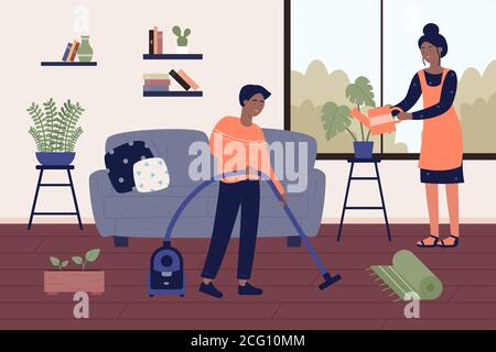 Spring general cleaning home work flat vector illustration. African american black couple people clean house, man woman family characters doing housework together, watering flower, vacuuming carpet Stock Vector