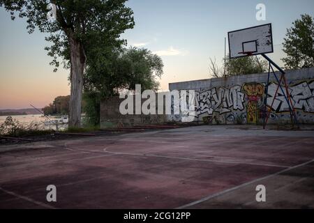 Belgrade, Serbia, Aug 27, 2020 Worn out basketball court located on the Danube River waterfront in Zemun Stock Photo