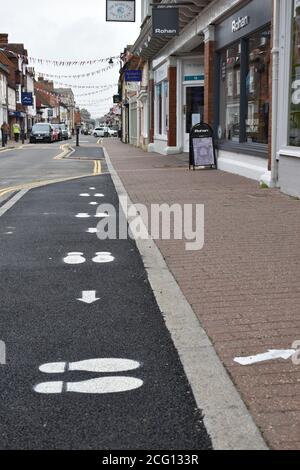 Milton Keynes Council have added extra pavement in Stony Stratford High Street to enable social distancing as a way to protect against Covid-19. Stock Photo