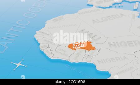 Burkina Faso highlighted on a white simplified 3D world map. Digital 3D render. Stock Photo