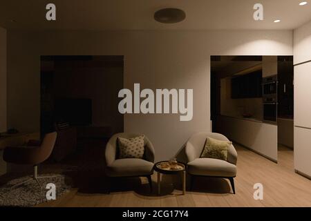 3d render Interior design illustration of a city apartment with home office for freelance Stock Photo