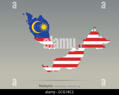 Malaysia Flag Isolated on Map. Asian countries map and flag. Stock Vector