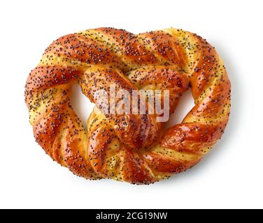 freshly baked sweet pretzel with poppy seeds isolated on white background, top view Stock Photo
