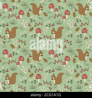 Seamless squirrel, mushrooms and berries pattern Stock Vector