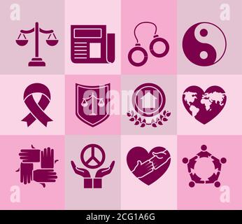 justice scale and human rights icon set over pink background, silhouette style, vector illustration Stock Vector