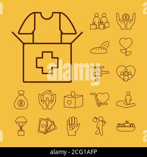 donation box and humanitarian help icon set over yellow background, line style, vector illustration Stock Vector