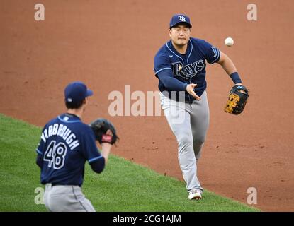 Washington, United States. 08th Sep, 2020. Tampa Bay Rays first baseman  Ji-Man Choi adjust his hat as he plays first base against Washington  Nationals in the first inning at Nationals Park in