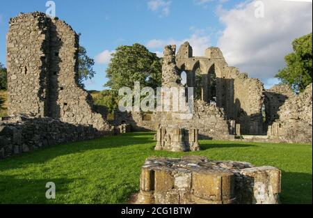Ruined monastic site in Ireland, ruined buildings and columns of medieval Cistercian monastery at Inch Abbey Downpatrick Northern Ireland in summer. Stock Photo
