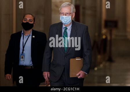 Washington, USA. 8th Sep, 2020. U.S. Senate Majority Leader Mitch McConnell (R) heads toward the Senate Chamber on Capitol Hill in Washington, DC, the United States, on Sept. 8, 2020. McConnell said on Tuesday that the Senate will vote on a targeted COVID-19 relief proposal as soon as this week. Credit: Ting Shen/Xinhua/Alamy Live News Stock Photo