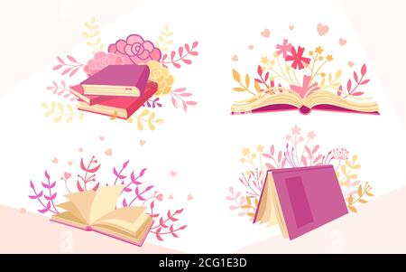 Set book with plant pink, purple branches. Hand drawn leaves and textbooks, hardbacks, empty pages for library. Reading, learn and receive education through books collection. Vector illustration Stock Vector
