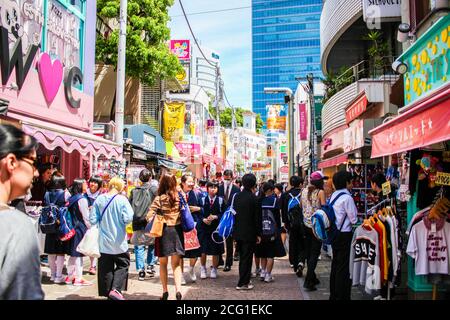 Tokyo, Japan - April 2018: Crowds shopping on Takeshita street in Harajuku, Tokyo Stock Photo