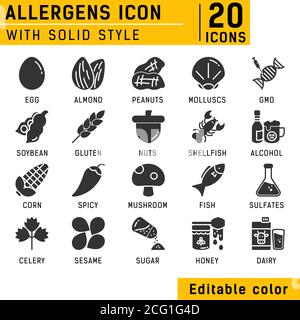 Allergens solid icons vector set. Isolated on white background. Allergens icon with solid style. Food allergens symbols emblems signs collection Stock Vector