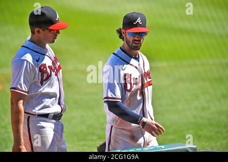 Atlanta, GA, USA. 04th July, 2019. Atlanta Braves shortstop Dansby Swanson  (left) kisses the head of infielder Ozzie Albies (right) after hitting an  eighth inning home run during a MLB game against