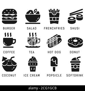 Food and drink icon set with glyph style in isolated white background. Food and drink vector icon set, burger, coconut, salad, hotdog, shusi Stock Vector