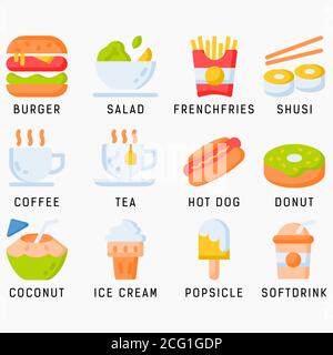 Food and drink icon set with flat color style in isolated white background. Food and drink vector icon set, burger, coconut, salad, hotdog, shusi Stock Vector