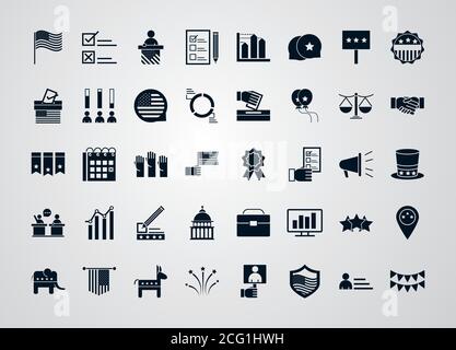 United States elections, campaign collection politics symbol with elements silhouette style vector illustration Stock Vector