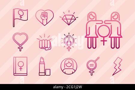 feminism movement icon, power female rights pictogram line icons set vector illustration Stock Vector