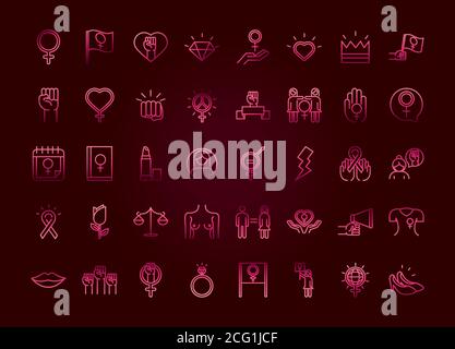 feminism movement icon, pink background female rights pictogram line icons set vector illustration Stock Vector