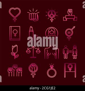 feminism movement icon, female rights pictogram linear icons set vector illustration Stock Vector