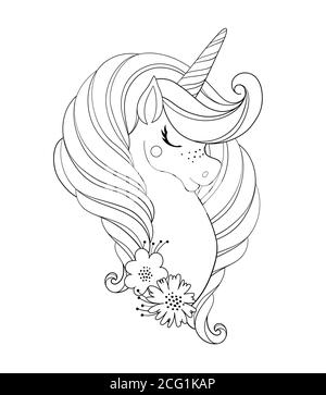 Unicorn head with flowers. Beautiful portrait of a magic horse. Drawing coloring book for a girl, linear sketch for design. Vector doodle illustration isolated on white background Stock Vector