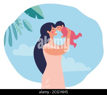 Happy mom holds the baby in her arms on a natural background. A woman plays with her daughter or son. Flat cartoon vector illustration isolated on white background Stock Vector