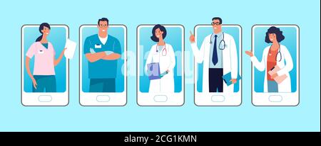 Set of phones with male and female characters of doctors on the screen. Concept of online clinic, call and video consultation with medical specialists. Flat vector illustration Stock Vector