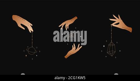 Set of female hands. Witch magic and occult collection. Different vector hand gestures with sword, stars and crystal. Abstract logo for tarot cards Stock Vector