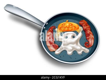 Halloween spooky food as a creepy  and funny breakfast concept as a fried egg shaped as a ghost and jack-o-lantern pumpkin as a 3D illustration. Stock Photo