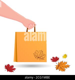 Hand holds shopping bag. Food delivery in paper packet. Shopping or gift bag. Eco Bag mockup Isolated on white background. Autumn sale concept Stock Vector
