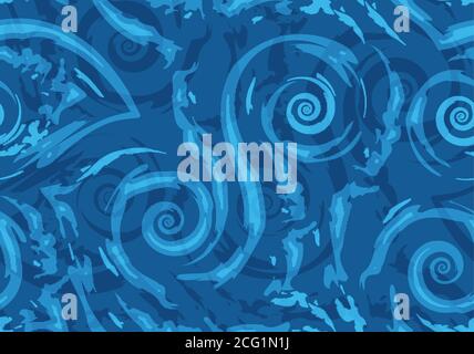 Stock Seamless vector pattern of blue torn lines and spirals on a nautical background. Texture of waves and swirls for wrapping or decorating fabrics. Stock Vector