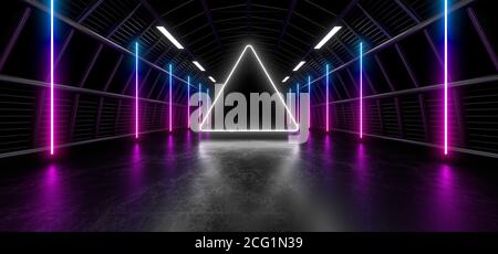 A dark tunnel of pipes illuminated by white neon lights and lamps. Blurred reflection on the floor. 3d rendering image. Stock Photo