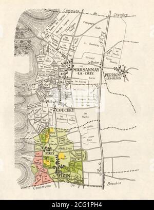 BURGUNDY BOURGOGNE VINEYARD MAP Côte Nuits - Marsannay-la-Côte Fixin RODIER 1948 Stock Photo