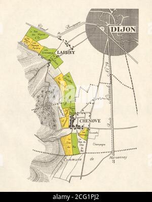 BURGUNDY BOURGOGNE VINEYARD MAP Côte de Nuits - Dijon Larrey Chenove RODIER 1948 Stock Photo