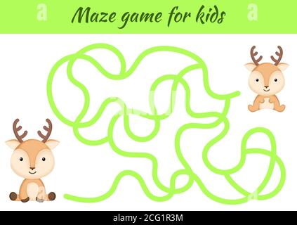 Funny maze or labyrinth game for kids. Help mother find path to baby. Education developing worksheet. Activity page. Cartoon deer characters. Stock Vector