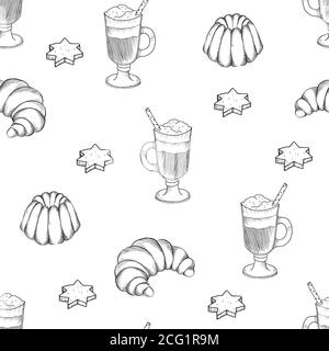 Hand drawn seamless pattern with desserts. Coffee, cocoa, biscuits, cupcake, biscuit cookies. Stock Vector