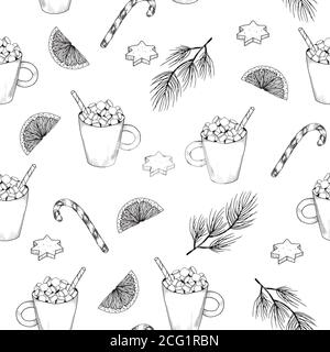 Hand drawn seamless pattern with desserts. Coffee, cocoa, biscuits, cupcake, biscuit cookies. Stock Vector