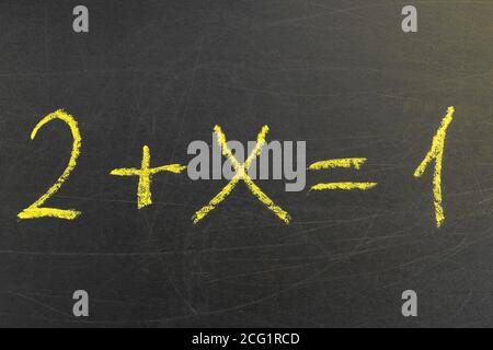 School blackboard with a math formula. Handwriting simple mathematical equations. Education and learning Stock Photo