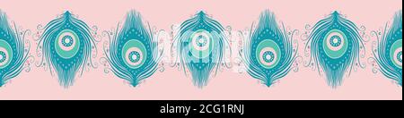 Peacock feather banner design in teal and pink. Cute vector seamless repeat exotic bird feathers border. Stock Vector