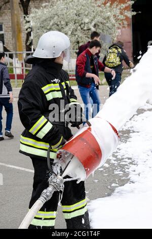 04 24 2019. Divnoye, Stavropol Territory, Russia. Demonstrations of rescuers and firefighters of the local fire department in the agrotechnical school Stock Photo