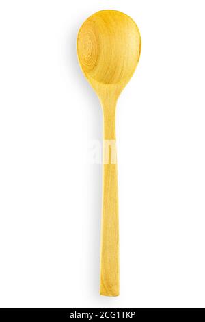 Handmade empty wooden spoon on white isolated background with clipping path in top view flat lay studio shot for natural design. Long handle wood spoo Stock Photo