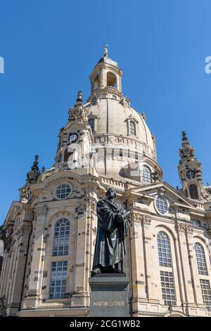 Dresden, Saxony / Germany - 3 September 2020: close up view of Martin Luther statue and Frauenkirche in Dresden Stock Photo