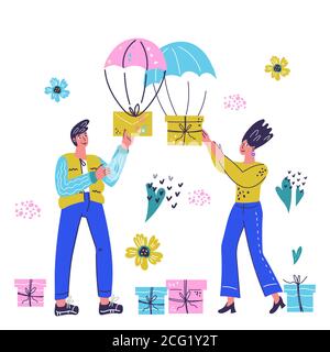 Mail service, delivery and reward with people. Stock Vector