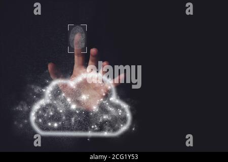 Cloud save computing concept - connect to cloud. Fingerprint protect cloud data. security Stock Photo
