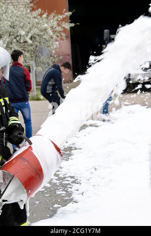 04 24 2019. Divnoye, Stavropol Territory, Russia. Demonstrations of rescuers and firefighters of the local fire department in the agrotechnical school Stock Photo